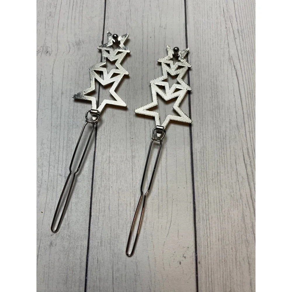 Silver Tone Star Triple Hair Clip  2 Inch Metal Hairpins